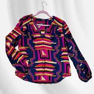 Alice & Trixie 100% Silk Flowy Geometric Print Jewel Tones Boho Top Size medium